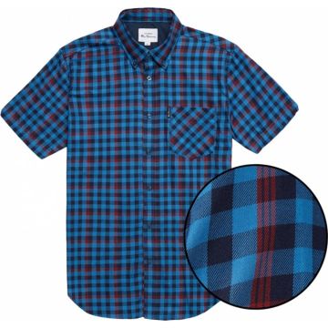 Ben Sherman Mens Big Size Gingham Over Check Cotton Button Down Collar Short Sleeve Shirt