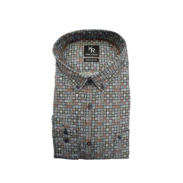 Kings Road Mens Big Size Square Pattern Print Casual Long Sleeve Shirt