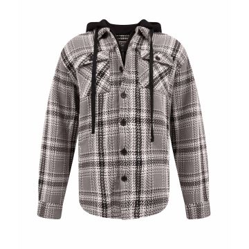 D555 Mens Big Size Long Sleeve Grey Check Shacket Hooded Overshirt With Chest and side Pockets