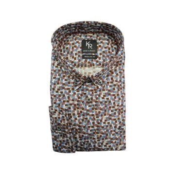 Kings Road Mens Big Size Square Pattern Print Casual Long Sleeve Shirt