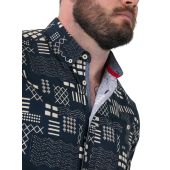D555 Mens Big Size Geometric Print Short Sleeve Button Down Collar Shirt