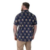 D555 Mens Big Size Flower Print Short Sleeve Button Down Collar Shirt With Pocket