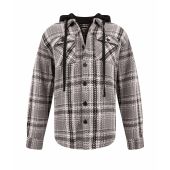 D555 Mens Big Size Long Sleeve Grey Check Shacket Hooded Overshirt With Chest and side Pockets