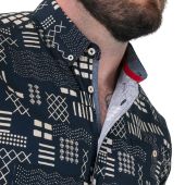 D555 Mens Big Size Geometric Print Short Sleeve Button Down Collar Shirt