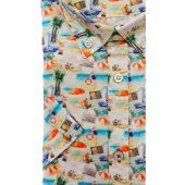 Kings Road Mens Big Size Beach Scene Print Button Down Collar Casual Short Sleeve Shirt