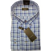 Eterna Mens Big Size Cotton Comfort Fit Button Down Collar Blue Check Long Sleeve Formal Shirt