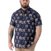 D555 Mens Big Size Flower Print Short Sleeve Button Down Collar Shirt With Pocket