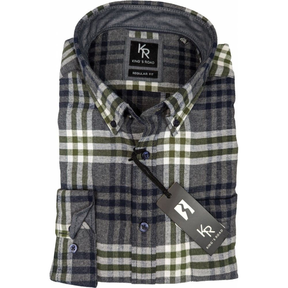 Kings Road Mens Big Size Brushed Cotton Check Casual Button Down Collar Long Sleeve Shirt