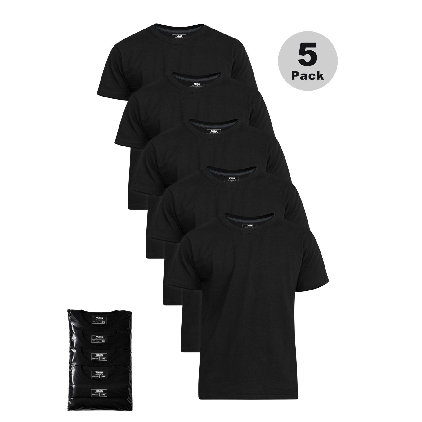 D555 Mens Big Size 5 Pack Combed Cotton Crew Neck T-Shirt