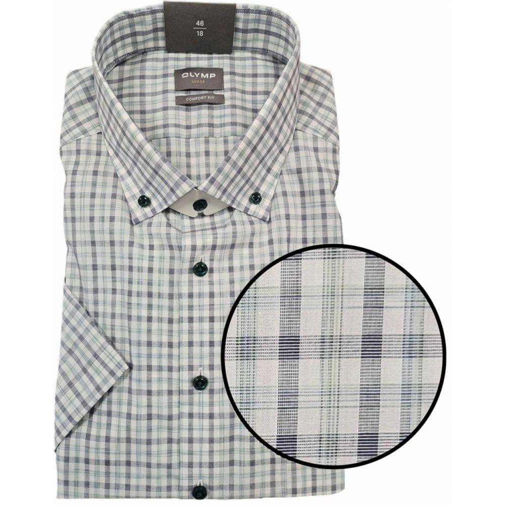 Olymp Mens Big Size Comfort Fit Egyptian Cotton Check Button Down Collar Short Sleeve Shirt With Breast Pocket