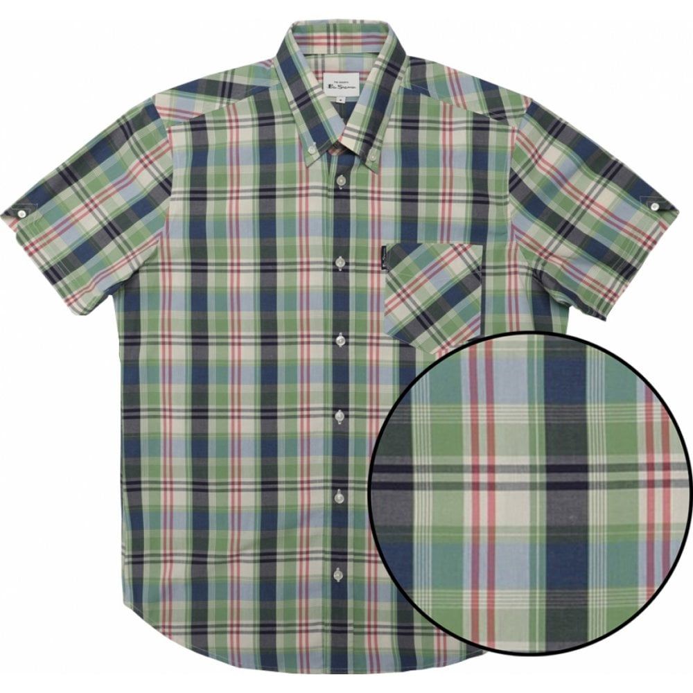 Ben Sherman Mens Big Size Gingham Overcheck Button Down Collar Cotton Casual Short Sleeve Shirt With Breast Pocket