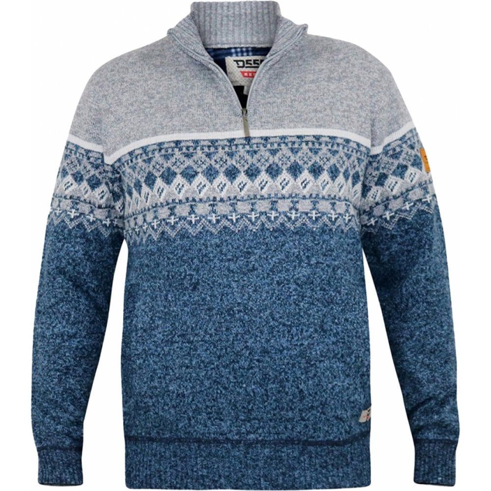 D555 Mens Big Size Quarter Zip Neck Fairisle Knitted Jumper With Pockets And Bonded Check Lining