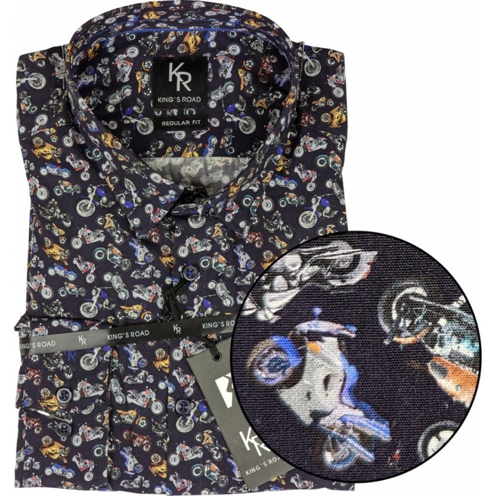 Kings Road Mens Big Size Cotton Motorbike Print Casual Long Sleeve Shirt
