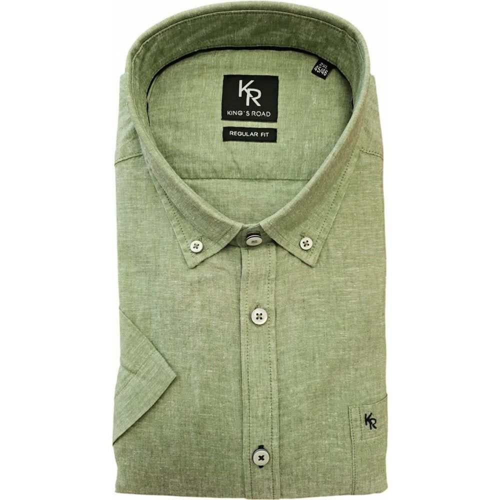 Kings Road Mens Big Size Plain Linen Mix Button Down Collar Casual Short Sleeve Shirt