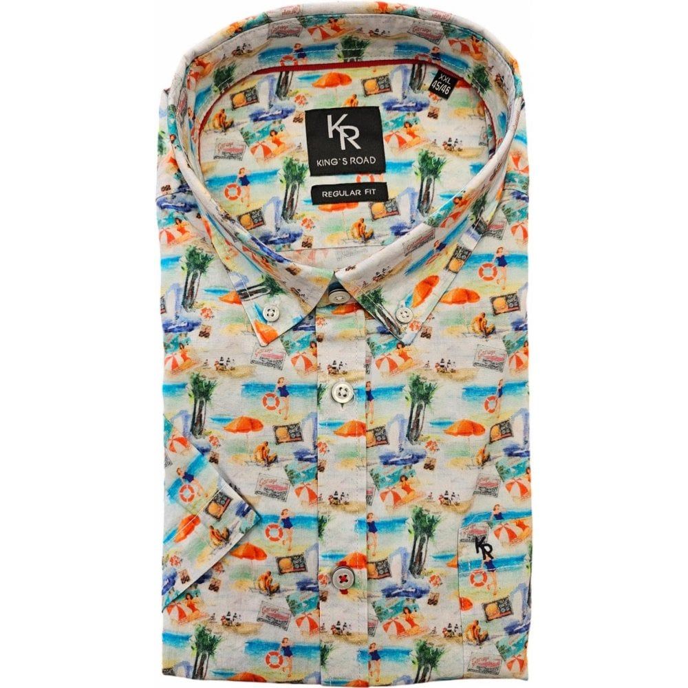 Kings Road Mens Big Size Beach Scene Print Button Down Collar Casual Short Sleeve Shirt