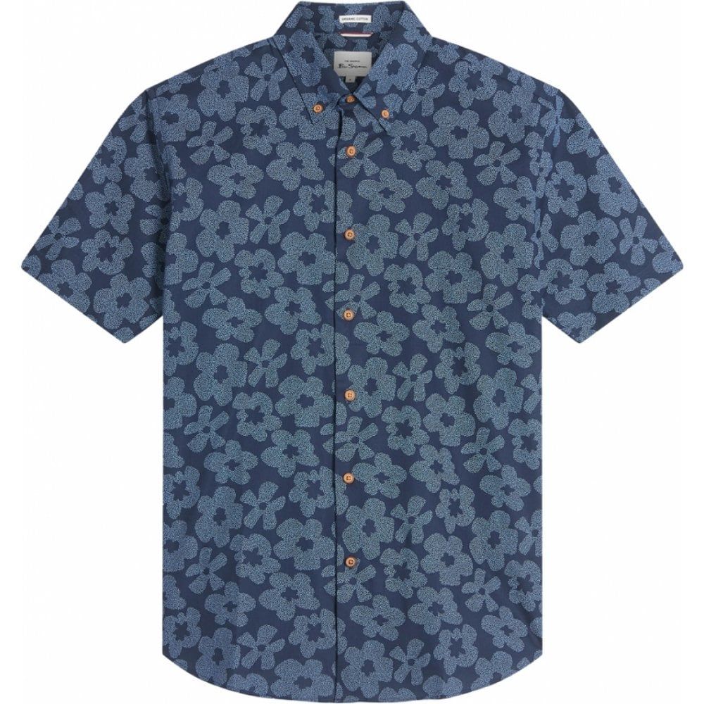 Ben Sherman Mens Big Size Stipple Floral Print Butto Down Casual Short Sleeve Shirt