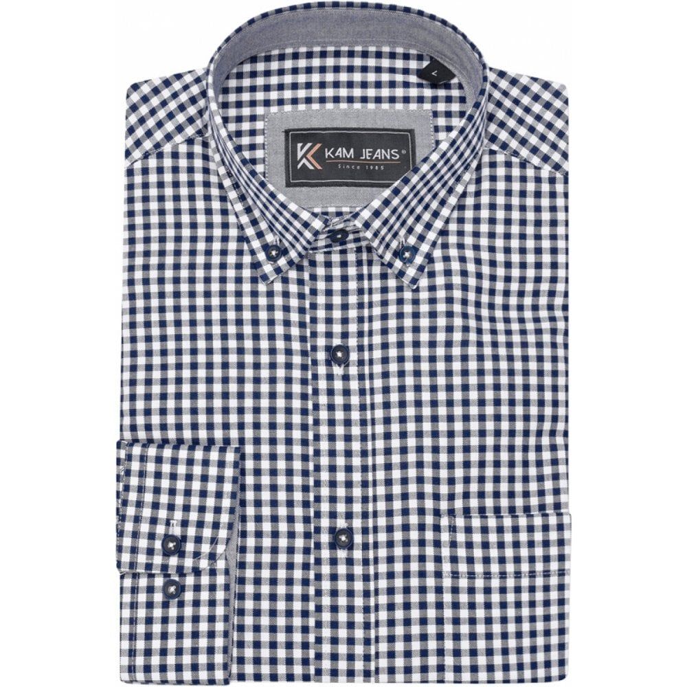 Kam Mens Big Size Gingham Check Oxford Button Down Long Sleeve Casual Shirt