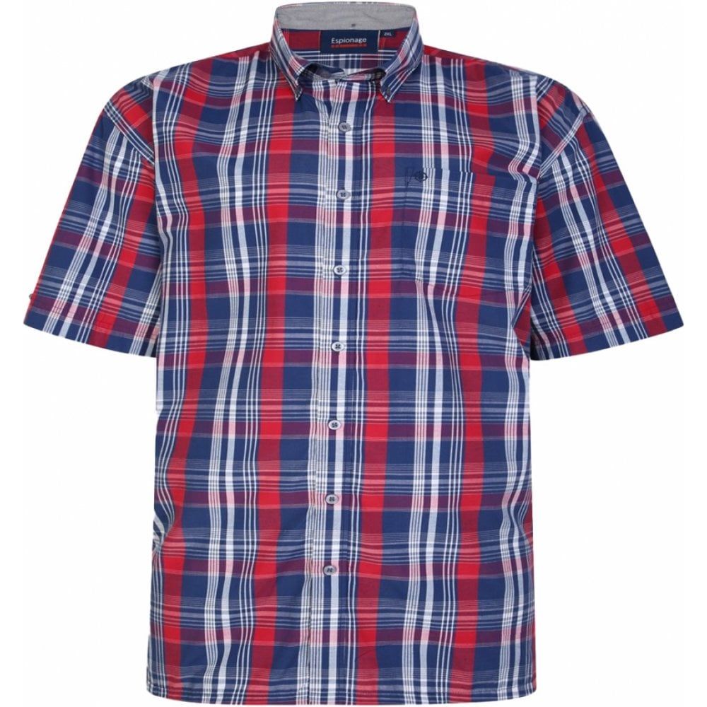 Espionage Mens Big Size Cotton Button Down Collar Check Short Sleeve Shirt