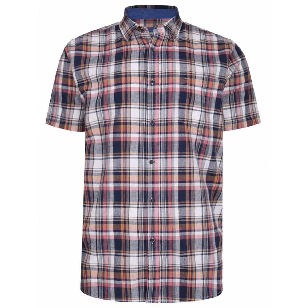 Peter Gribby Mens Big Size Linen Check Button Down Collar Short Sleeve Shirt Coral