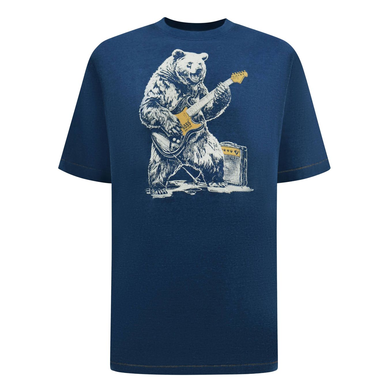 D555 Mens Big Size Bear With Electric Guitar Printed Crew Neck T-Shirt