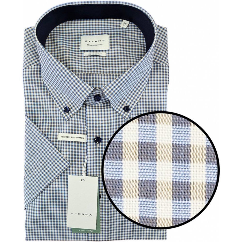 Eterna Mens Big Size Comfort Fit Button Down Collar Gingham Check Short Sleeve Shirt