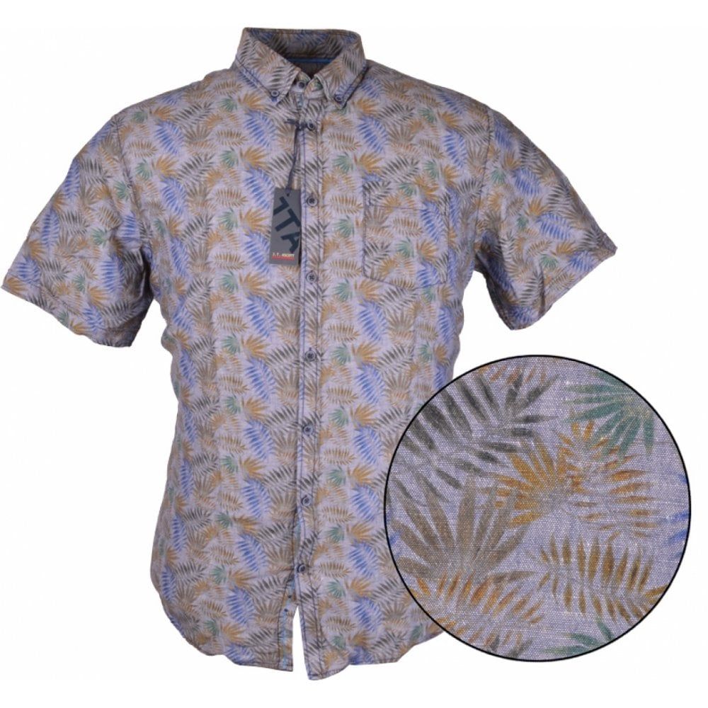 J T Ascott Mens Big Size Leaf Print Casual Linen Button Down Collar Short Sleeve Shirt