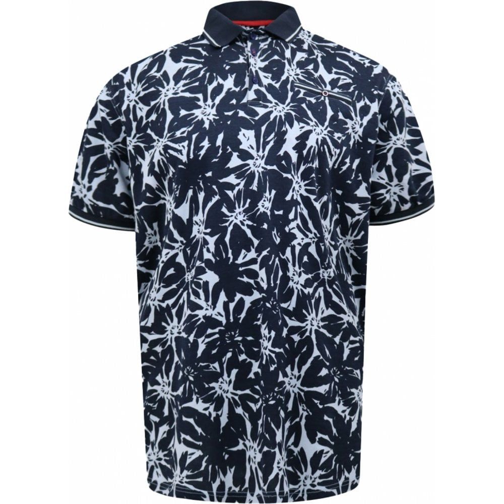 D555 Mens Big Size Flower Print Contrast Collar Cotton Polo