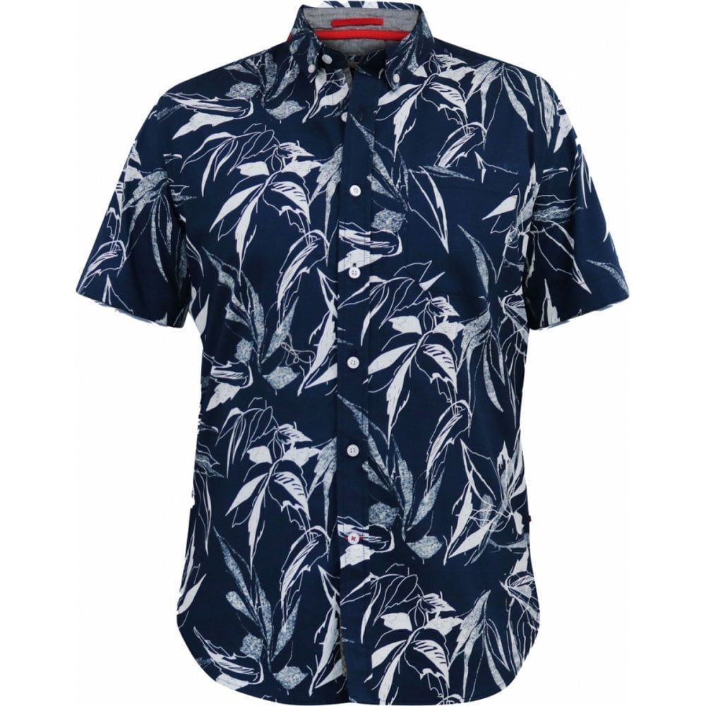 D555 Mens Big Size Button Down Collar Cotton Leaf Print Short Sleeve Casual Shirt With Breast Pocket