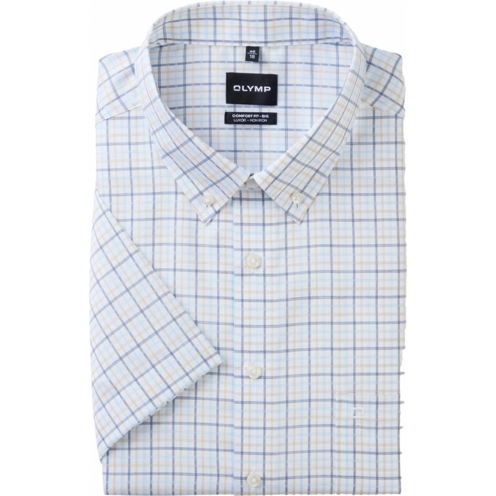 Olymp Mens Big Size Comfort Fit Check Button Down Collar Casual Short Sleeve Shirt