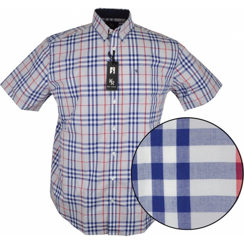 Kings Road Mens Big Size Check Button Down Collar Cotton Casual Short Sleeve Shirt