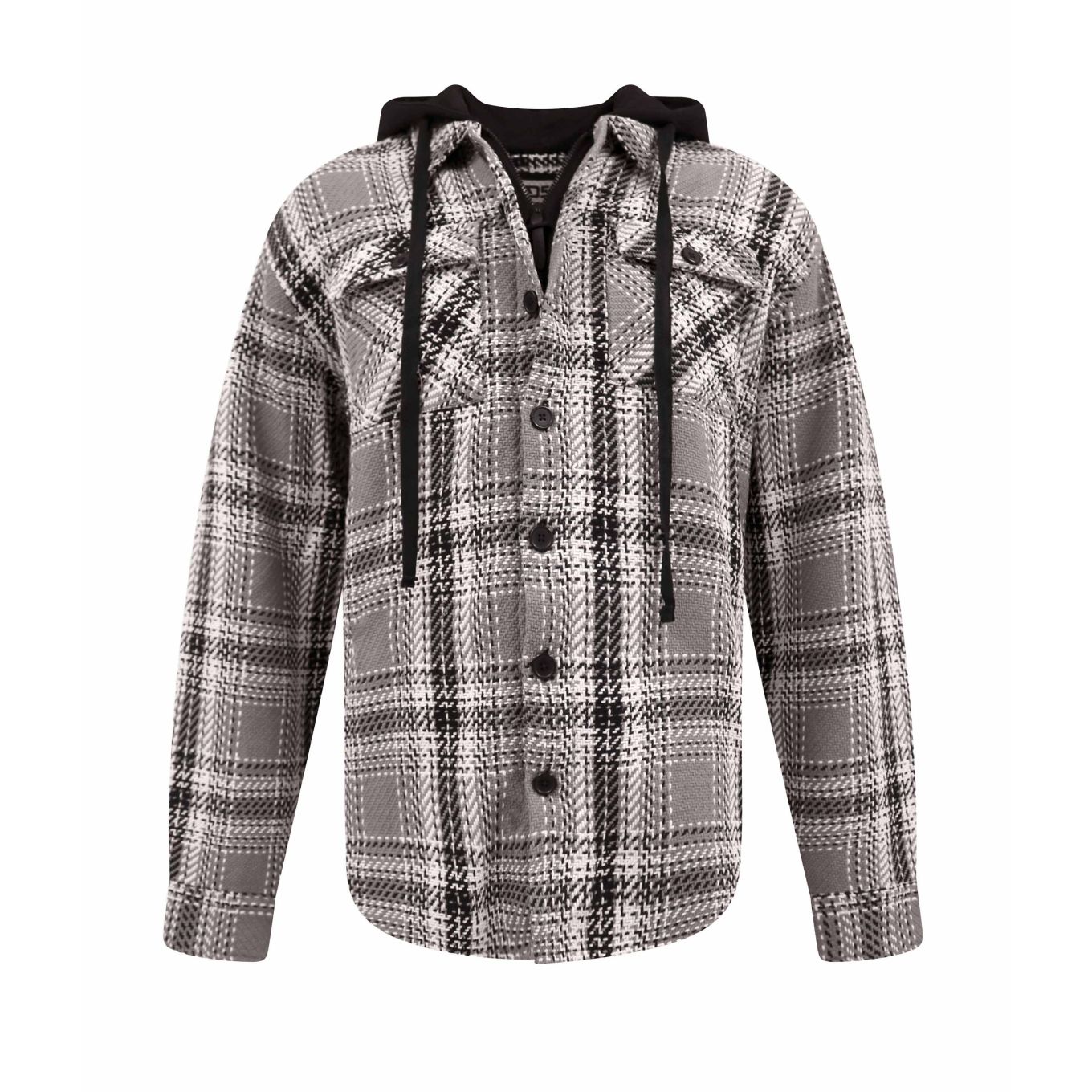 D555 Mens Big Size Long Sleeve Grey Check Shacket Hooded Overshirt With Chest and side Pockets